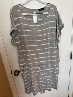 Rae Mode Gray & White Striped Short-Sleeve Drawstring Jumpsuit